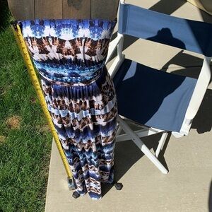 Cynthia Rowley dress long maxi blue browns strapless style  bamboo pattern